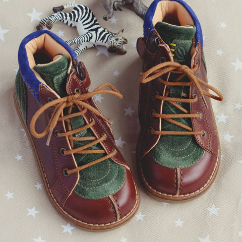 Ocra Boys Brown Green and Blue Leather Suede Boot