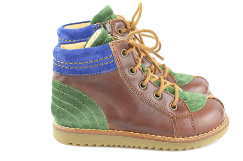 Ocra Boys Brown Green and Blue Leather Suede Boot